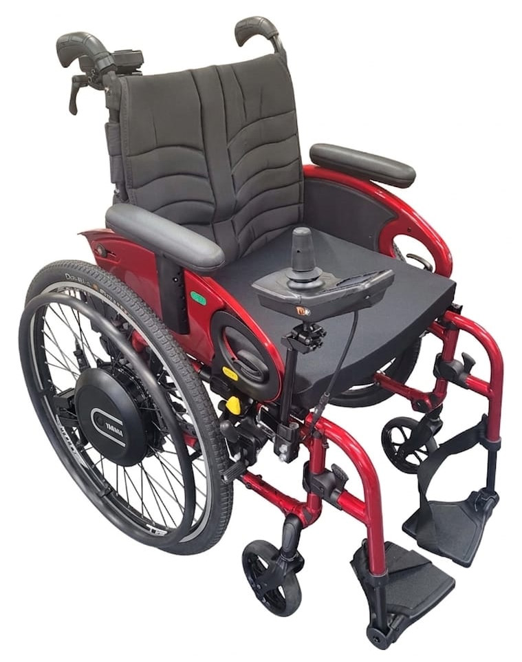 SD Motion Drive system fitted to a red manual wheelchair
