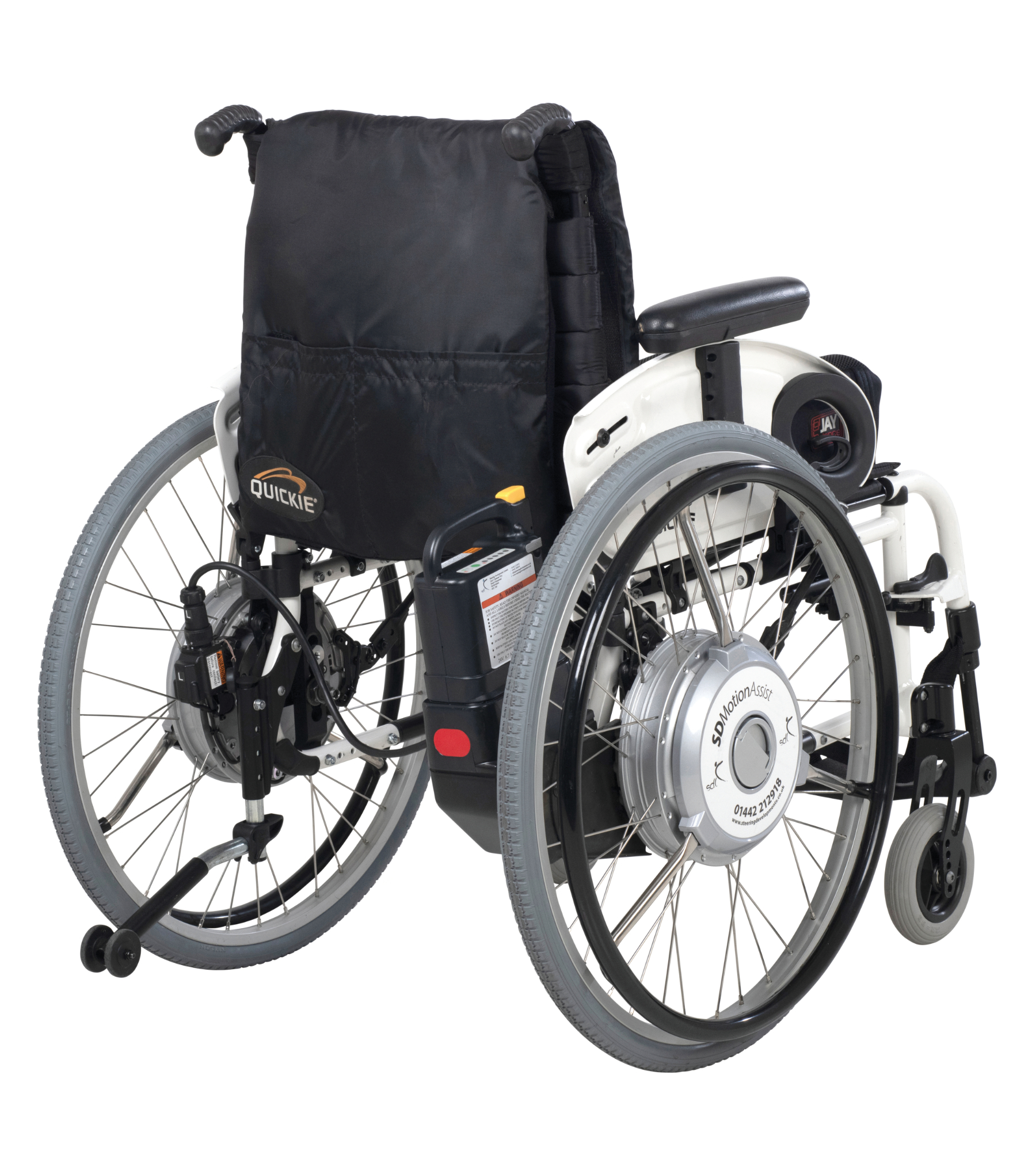 Rear view of a wheelchair fitted with the SD Motion Assist system
