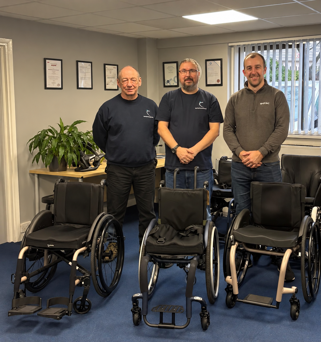 The SD Motion team with a selection of wheelchairs at SD Motion HQ
