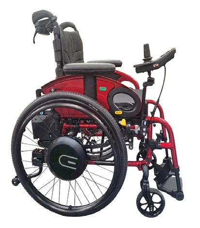 SD Motion Drive fitted to a blue Little Wave Arc wheelchair